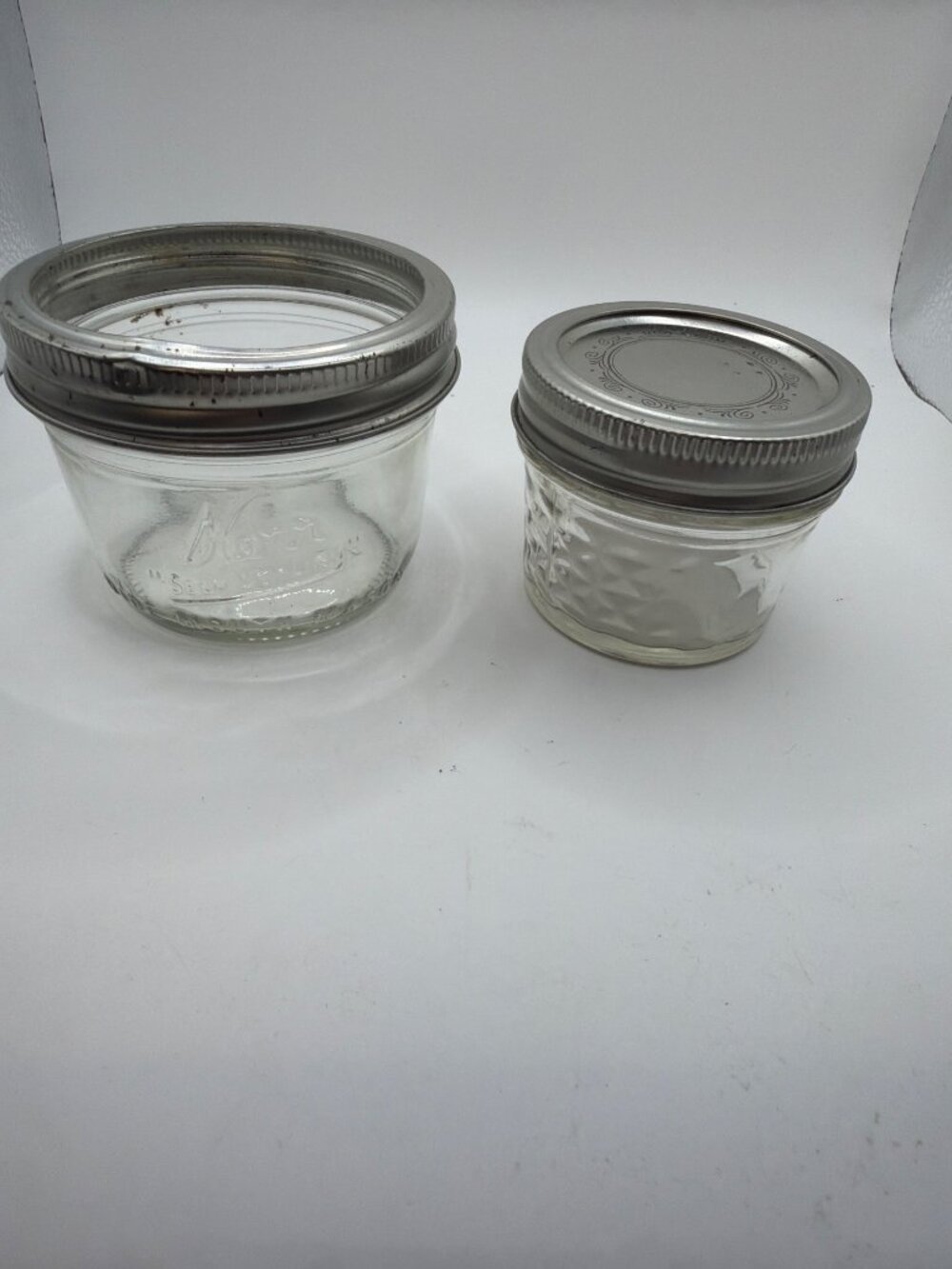 Vintage Glass Mason Jars With Metal Lids Embossed Design Wide Mouth Set Of 2